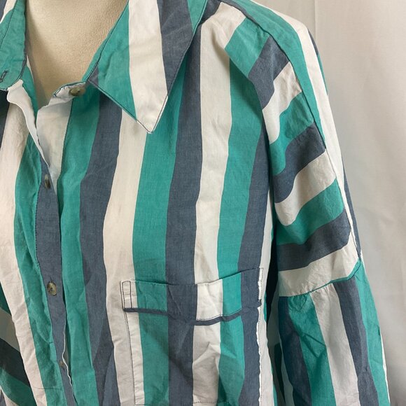 By Anthropologie Oversized Top L Dark Mint Blue White Stripe Button Front Pocket - Picture 5 of 11